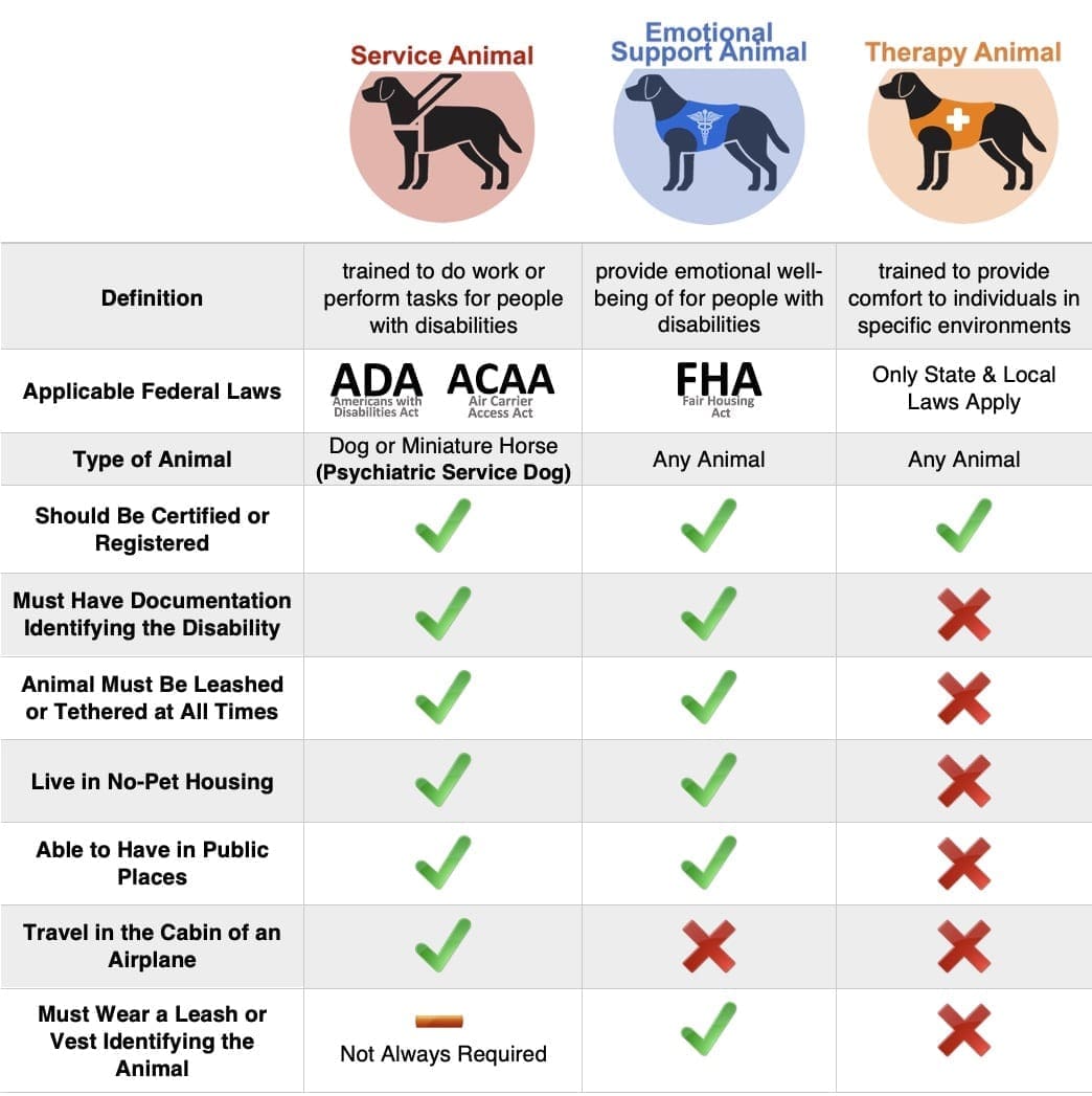 Chart showing differences between psychiatric service dogs, emotional support animals, and therapy animals.